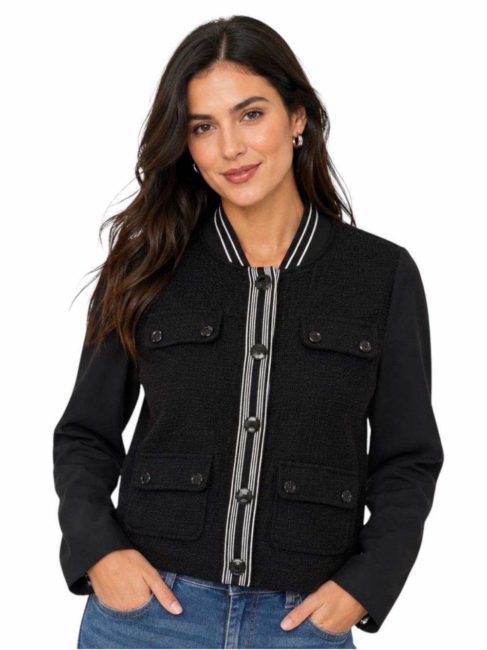 Karl Lagerfeld Paris Mixed Media Bomber Jacket Tweed Snap Front Black PL NWT